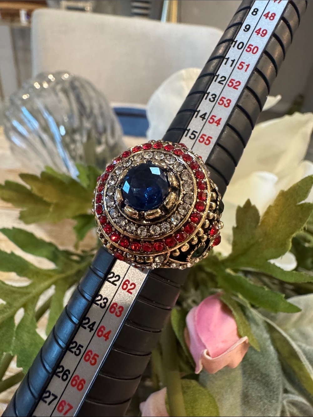 Vintage-Inspired Gold Ring with Blue Center and Red Accents